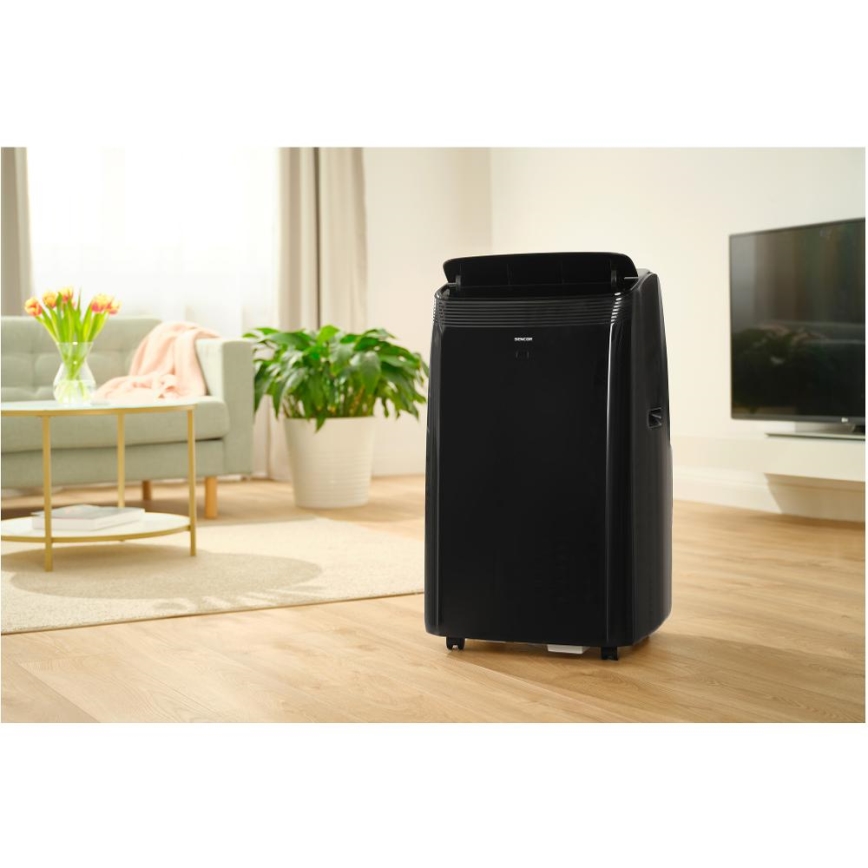 Sencor - Inteligentna przenośna klimatyzacja 4w1 z pełnym zestawem akcesoriów 900W/230V 9000 BTU Wi-Fi czarna + pilot zdalnego sterowania