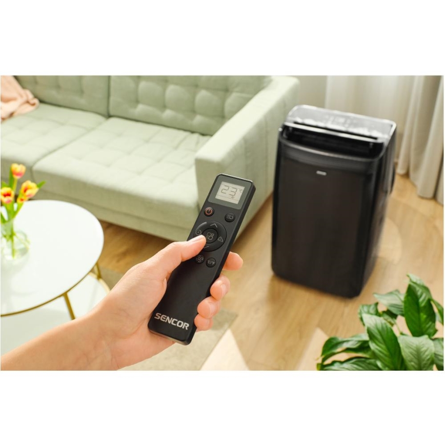 Sencor - Inteligentna przenośna klimatyzacja 4w1 z pełnym zestawem akcesoriów 900W/230V 9000 BTU Wi-Fi czarna + pilot zdalnego sterowania