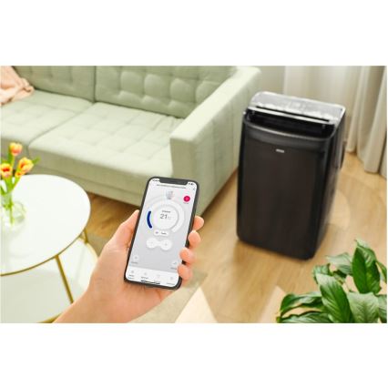 Sencor - Inteligentna przenośna klimatyzacja 4w1 z pełnym zestawem akcesoriów 900W/230V 9000 BTU Wi-Fi czarna + pilot zdalnego sterowania
