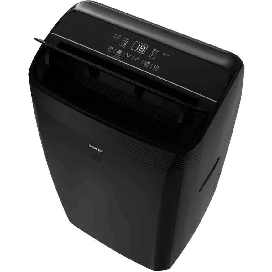 Sencor - Inteligentna przenośna klimatyzacja 4w1 z pełnym zestawem akcesoriów 900W/230V 9000 BTU Wi-Fi czarna + pilot zdalnego sterowania