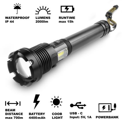 Sencor - LED Akumulatorowa latarka aluminiowa  z funkcją powerbanku LED/10W/4400 mAh 2000 lm IP44