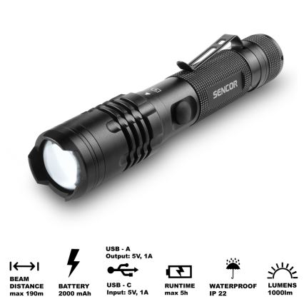 Sencor - Latarka LED ładowalna LED/10W IP22 czarna