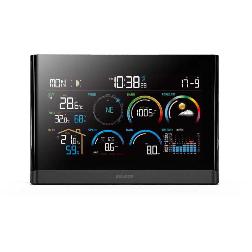 Sencor - Profesjonalna stacja pogodowa z kolorowym wyświetlaczem LCD i budzikiem 5V/3xAAA + 3xAA