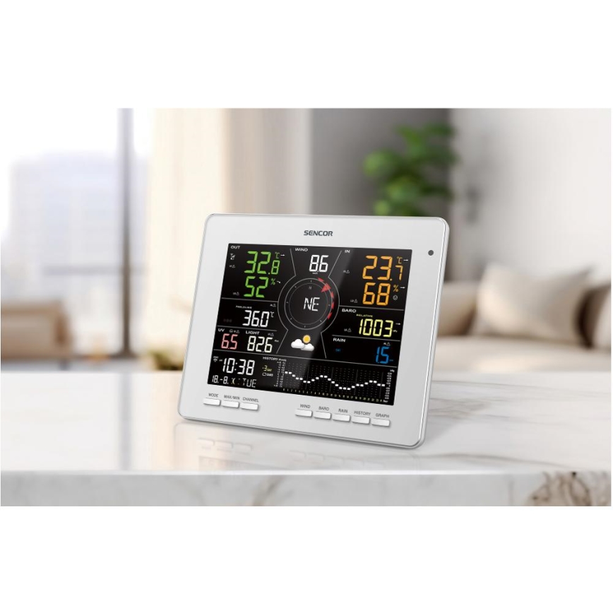 Sencor - Profesjonalna stacja pogodowa z kolorowym wyświetlaczem LCD 5V 1xCR2032 + 3xAA + 2xAA Wi-Fi Tuya