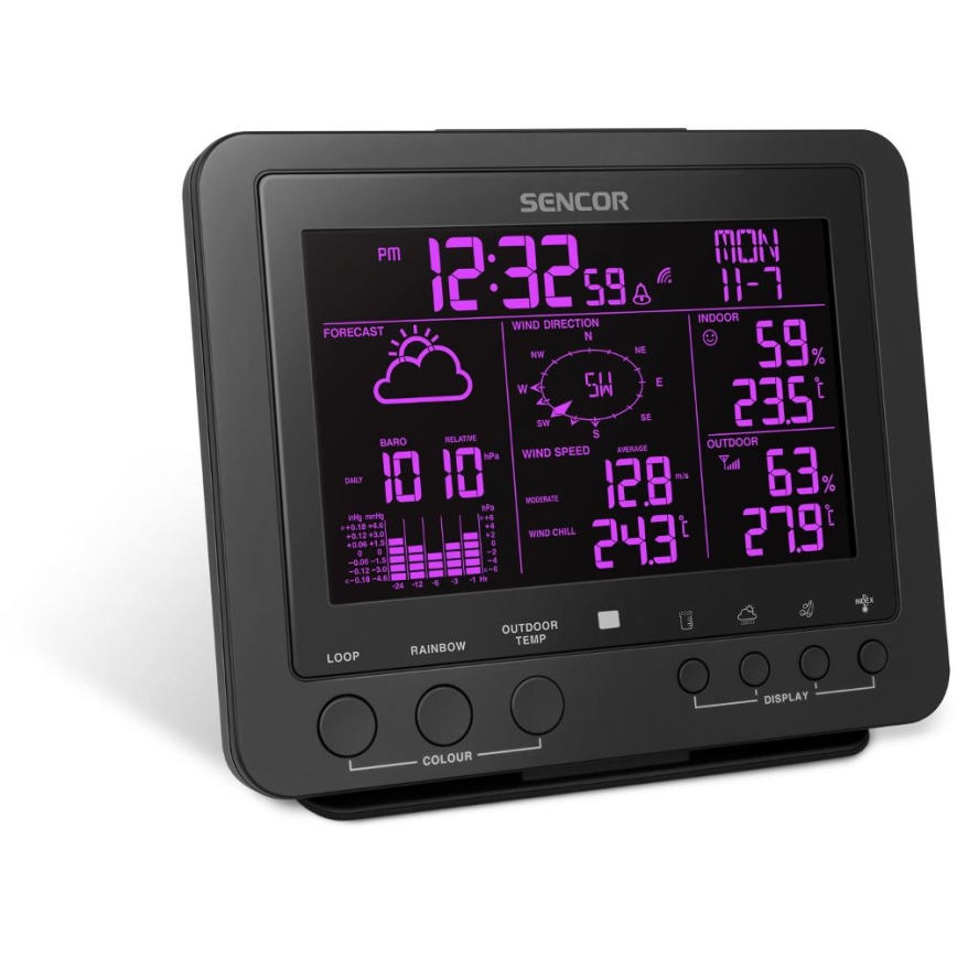 Sencor - Profesjonalna stacja pogodowa z kolorowym wyświetlaczem LCD 5V/1xCR2032 + 3xAA