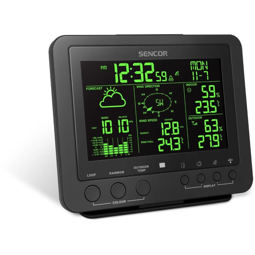 Sencor - Profesjonalna stacja pogodowa z kolorowym wyświetlaczem LCD 5V/1xCR2032 + 3xAA
