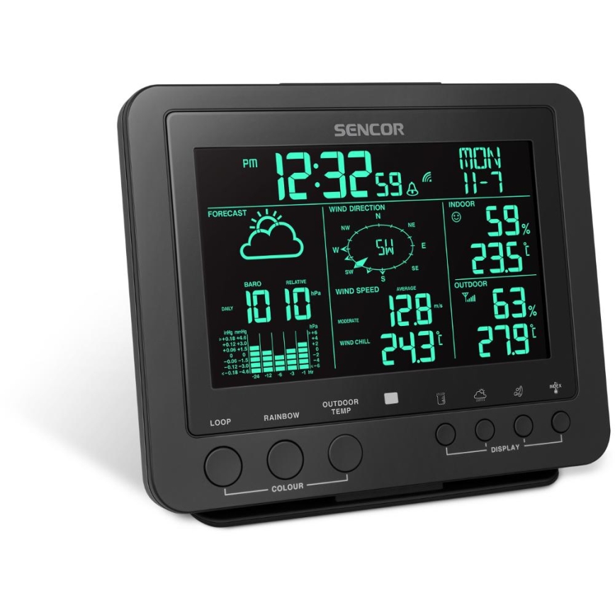 Sencor - Profesjonalna stacja pogodowa z kolorowym wyświetlaczem LCD 5V/1xCR2032 + 3xAA