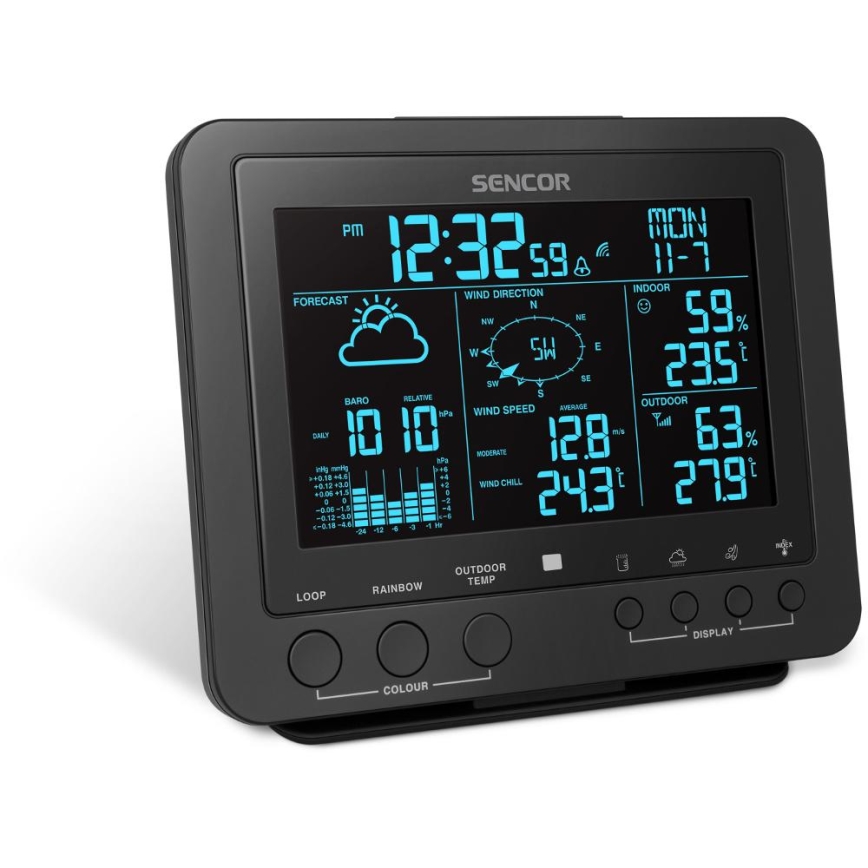 Sencor - Profesjonalna stacja pogodowa z kolorowym wyświetlaczem LCD 5V/1xCR2032 + 3xAA