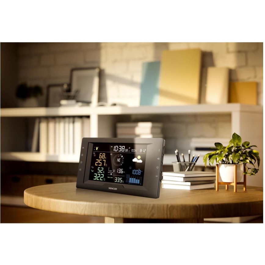 Sencor - Profesjonalna stacja pogodowa z kolorowym wyświetlaczem LCD i budzikiem 5V/1xCR2032 + 3xAA