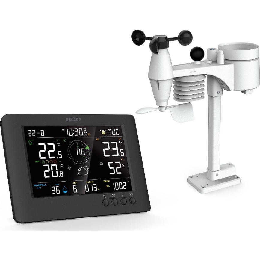 Sencor - Profesjonalna stacja pogodowa z kolorowym wyświetlaczem LCD i budzikiem 5V/1xCR2032 + 3xAA