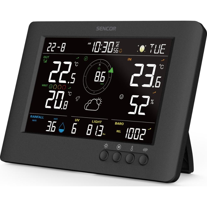 Sencor - Profesjonalna stacja pogodowa z kolorowym wyświetlaczem LCD i budzikiem 5V/1xCR2032 + 3xAA