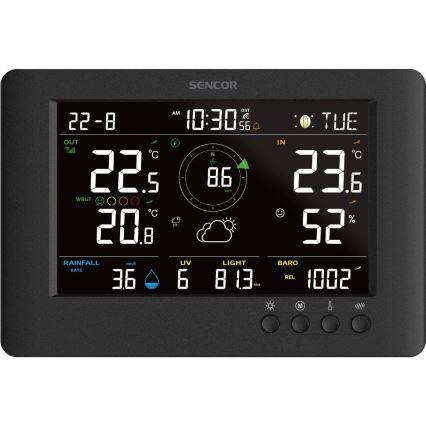 Sencor - Profesjonalna stacja pogodowa z kolorowym wyświetlaczem LCD i budzikiem 5V/1xCR2032 + 3xAA