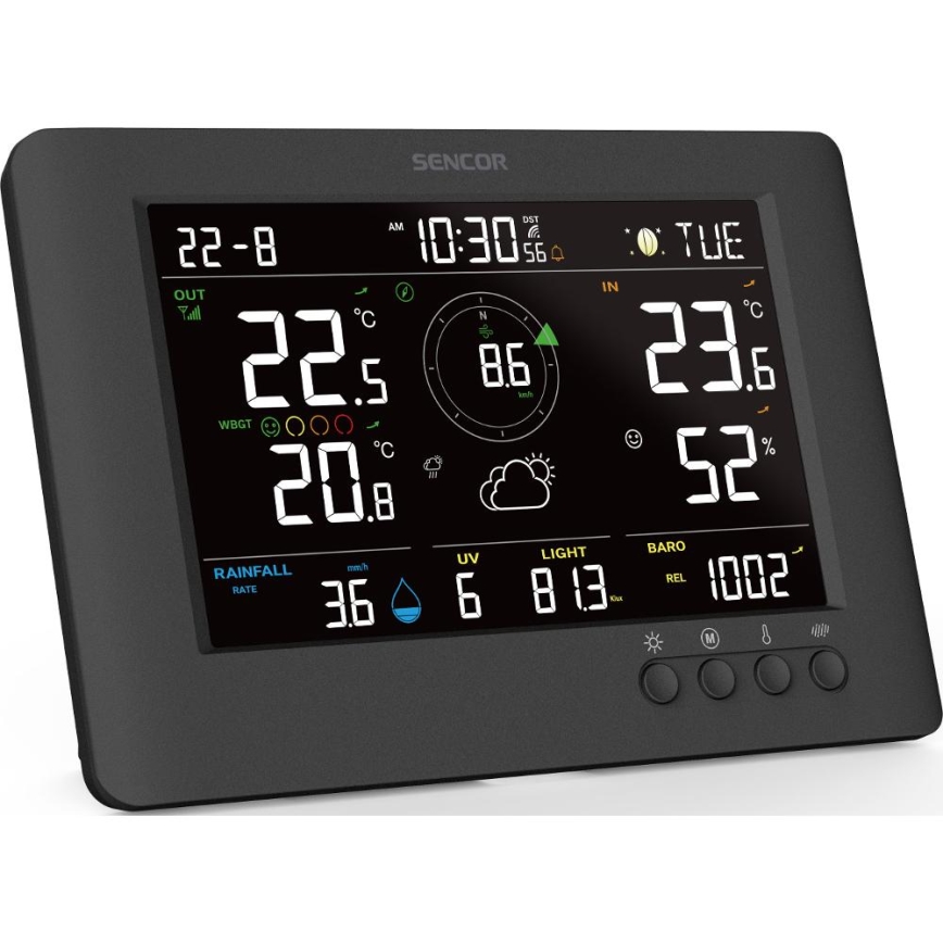 Sencor - Profesjonalna stacja pogodowa z kolorowym wyświetlaczem LCD i budzikiem 5V/1xCR2032 + 3xAA