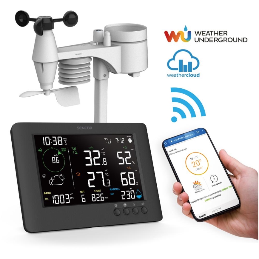 Sencor - Profesjonalna stacja pogodowa z kolorowym wyświetlaczem LCD i budzikiem 5V/1xCR2032 + 3xAA Wi-Fi