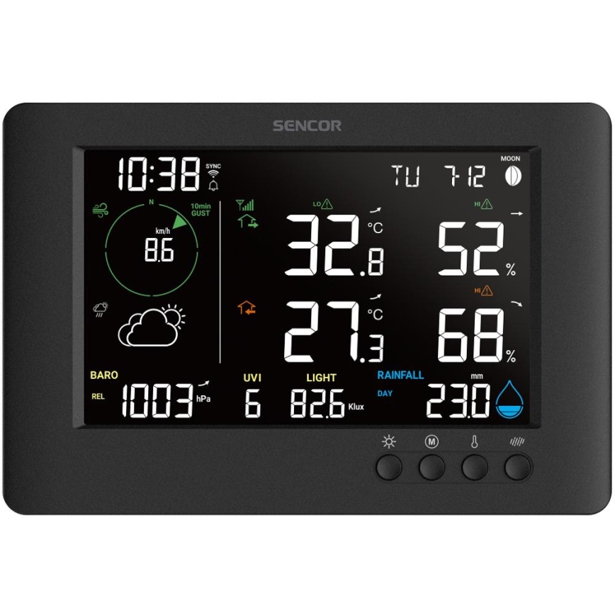 Sencor - Profesjonalna stacja pogodowa z kolorowym wyświetlaczem LCD i budzikiem 5V/1xCR2032 + 3xAA Wi-Fi