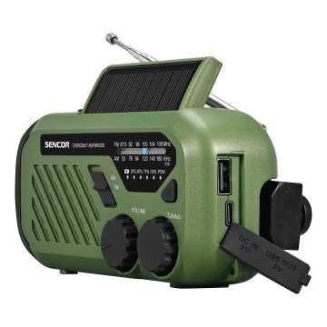 Sencor - Radio kempingowe z korbką, panelem solarnym i latarką LED 5V/2000 mAh IPX4 zielone