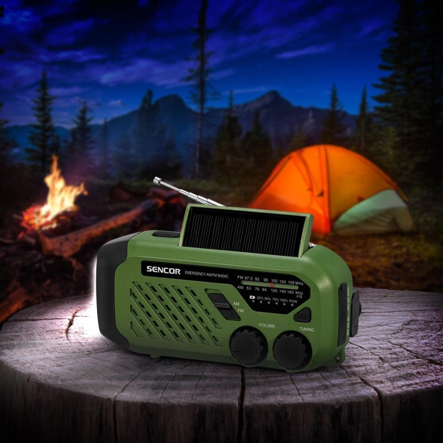 Sencor - Radio kempingowe z panelem solarnym i LED latarką 5V/2000 mAh IPX4 zielony