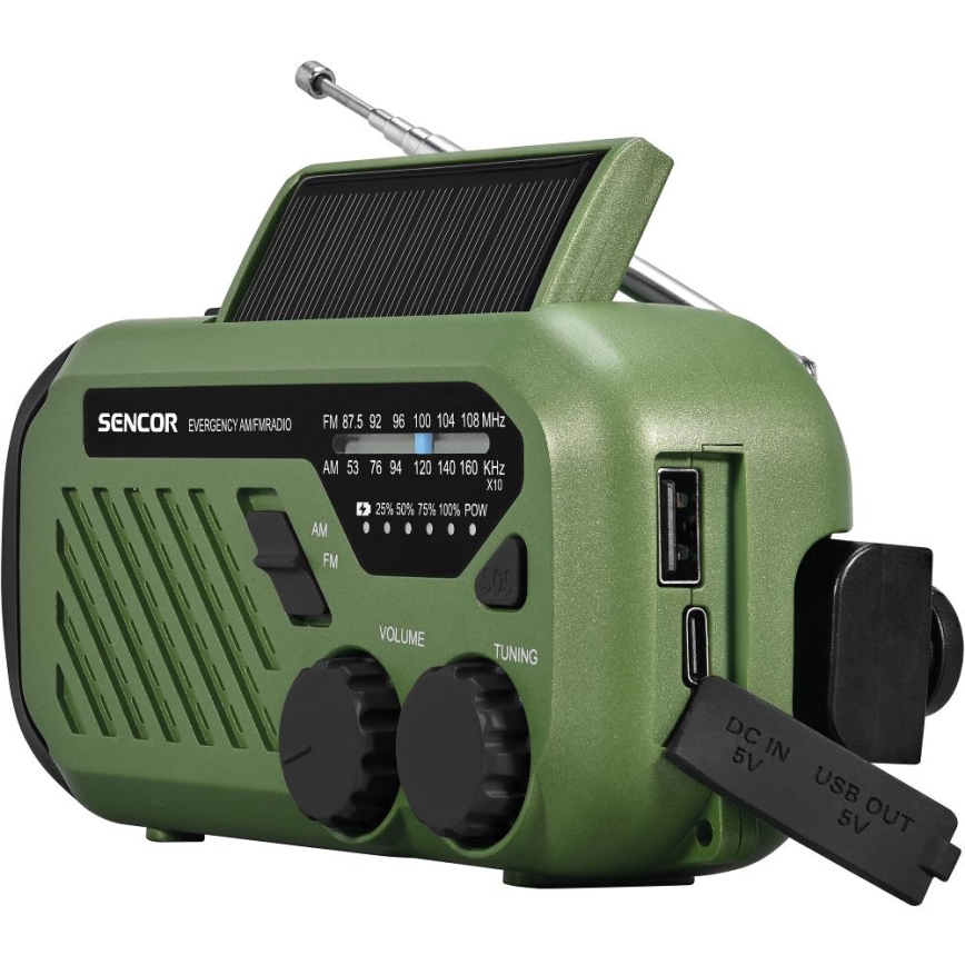 Sencor - Radio kempingowe z panelem solarnym i LED latarką 5V/2000 mAh IPX4 zielony