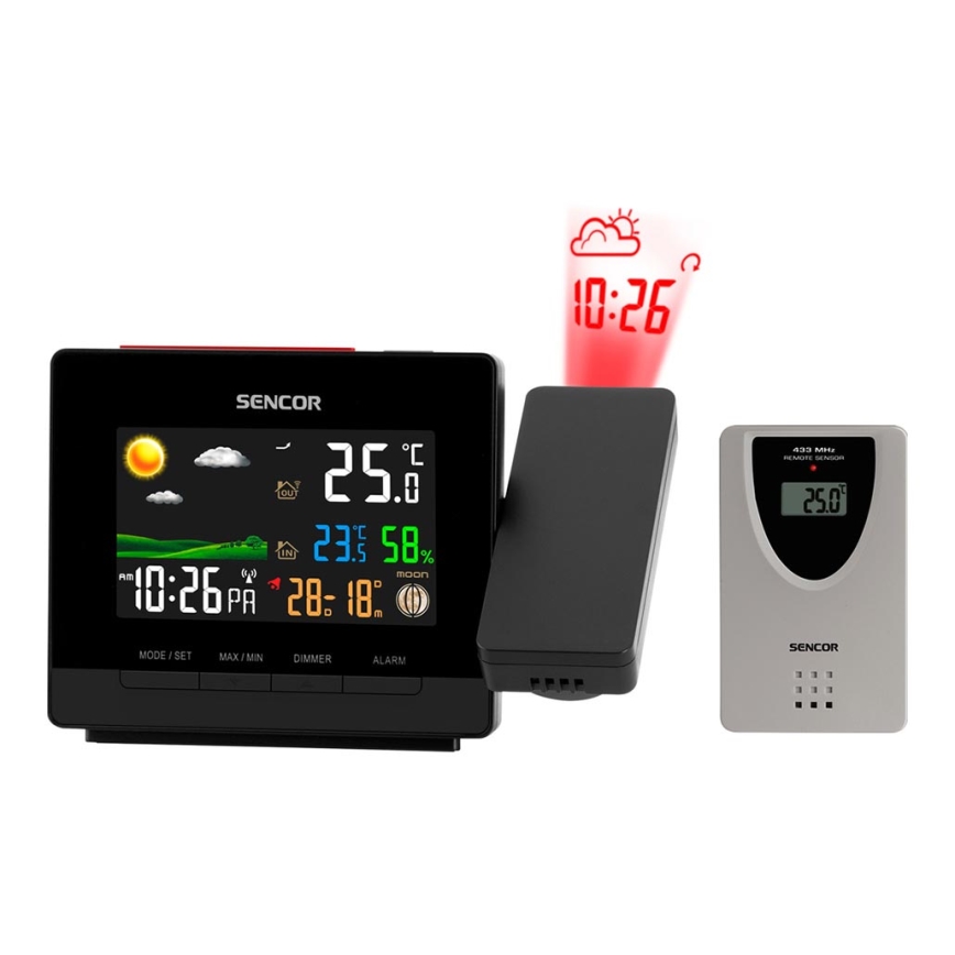 Sencor - Stacja meteorologiczna z barevným LCD displejem, budzikiem i projektorem 2xAA + 2xAAA