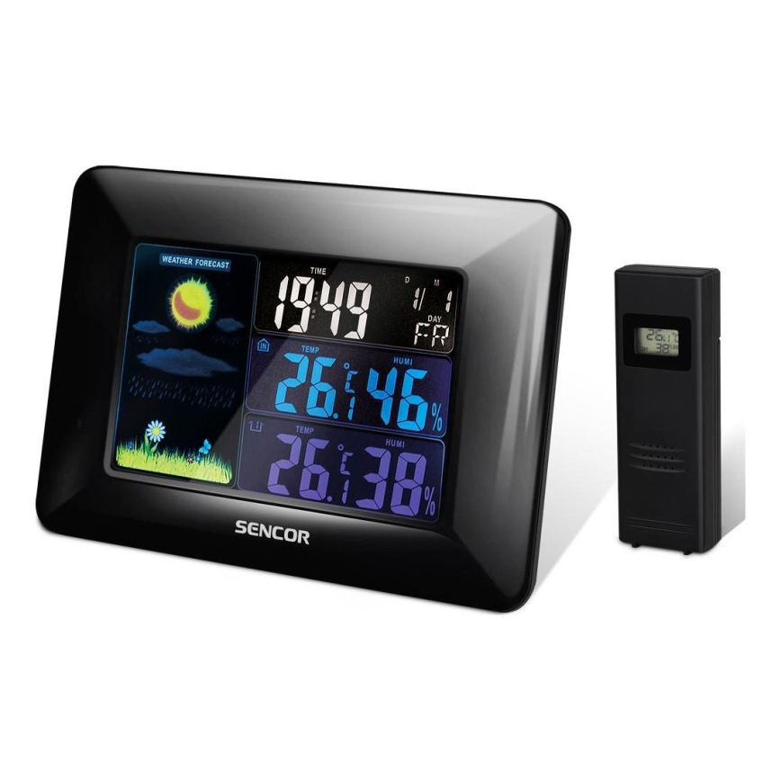 Sencor - Stacja meteorologiczna z kolorowym wyświetlaczem LCD i budzik 3xAAA czarna