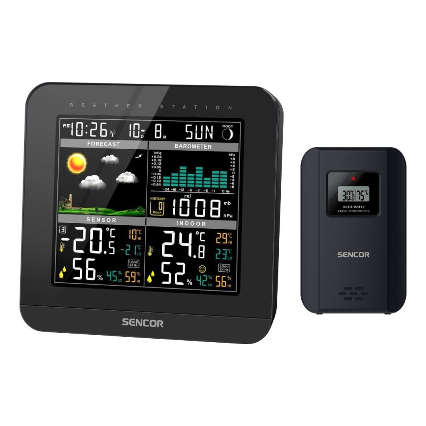 Sencor - Stacja meteorologiczna z kolorowym wyświetlaczem LCD i budzikiem 3xAAA + 2x AA czarny