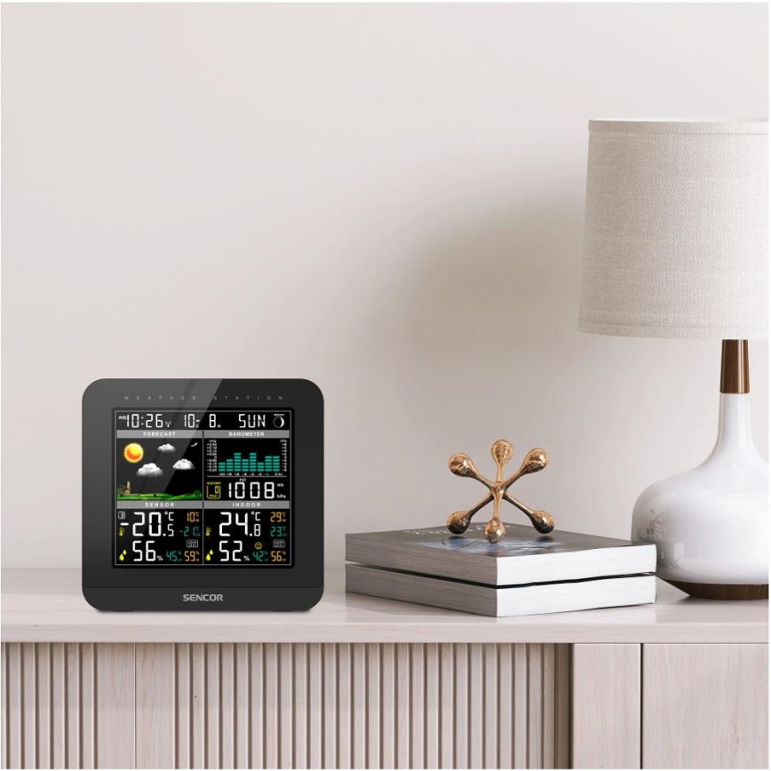 Sencor - Stacja meteorologiczna z kolorowym wyświetlaczem LCD i budzikiem 3xAAA + 2x AA czarny
