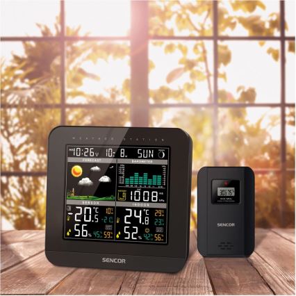 Sencor - Stacja meteorologiczna z kolorowym wyświetlaczem LCD i budzikiem 3xAAA + 2x AA czarny