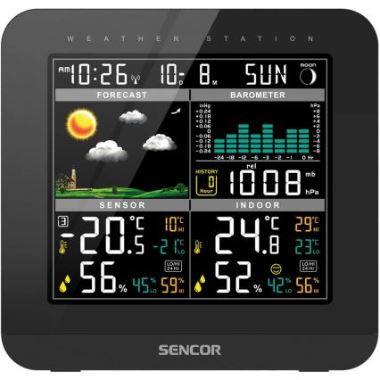 Sencor - Stacja meteorologiczna z kolorowym wyświetlaczem LCD i budzikiem 3xAAA + 2x AA czarny
