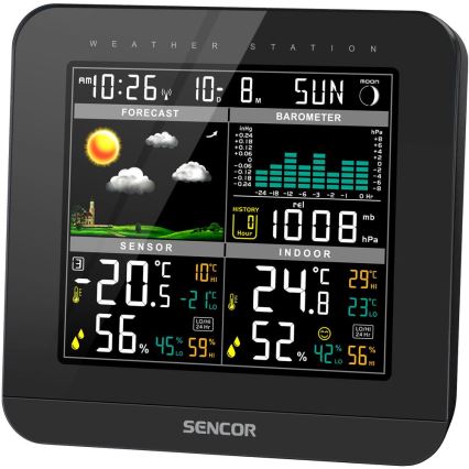 Sencor - Stacja meteorologiczna z kolorowym wyświetlaczem LCD i budzikiem 3xAAA + 2x AA czarny