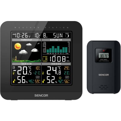 Sencor - Stacja meteorologiczna z kolorowym wyświetlaczem LCD i budzikiem 3xAAA + 2x AA czarny
