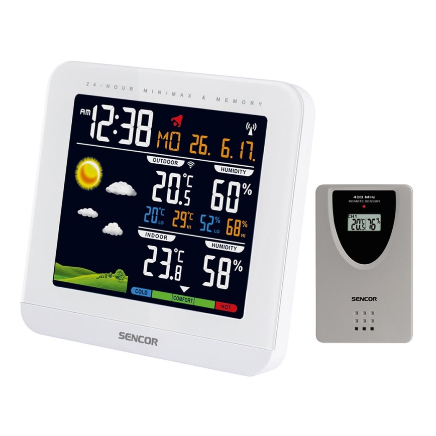 Sencor - Stacja meteorologiczna z kolorowym wyświetlaczem LCD i budzikiem 3xAAA + 2xAAA biały