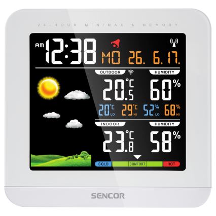 Sencor - Stacja meteorologiczna z kolorowym wyświetlaczem LCD i budzikiem 3xAAA + 2xAAA biały
