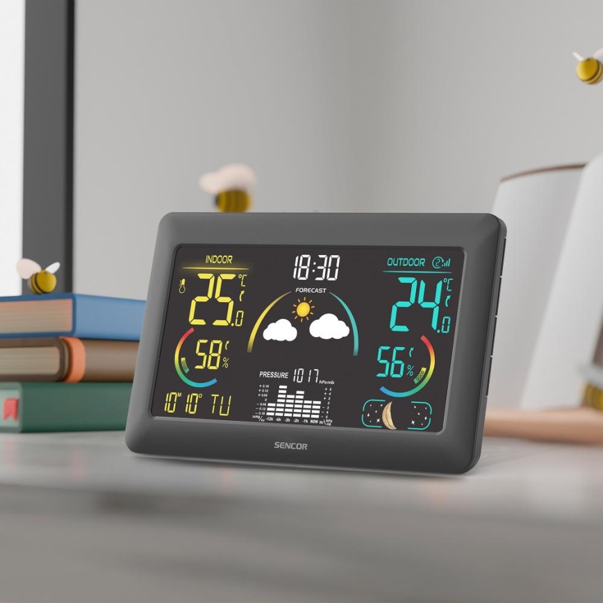 Sencor - Stacja meteorologiczna z kolorowym wyświetlaczem LCD i budzikiem 5V 3xAA + 2xAA