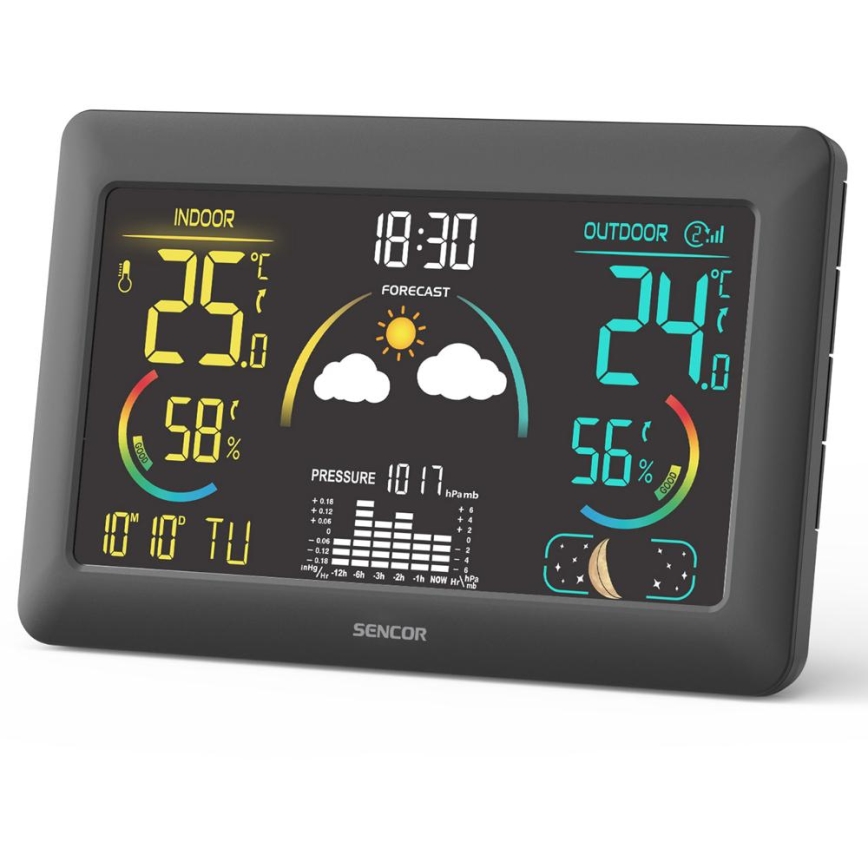 Sencor - Stacja meteorologiczna z kolorowym wyświetlaczem LCD i budzikiem 5V 3xAA + 2xAA