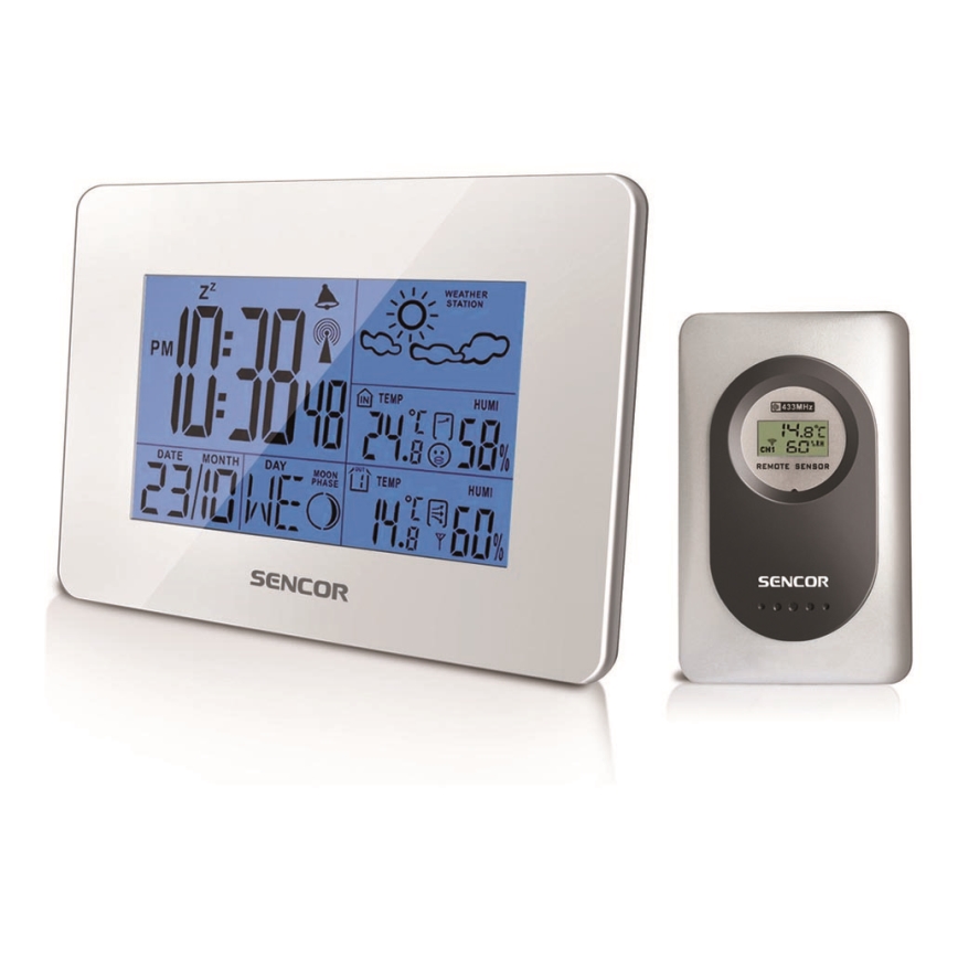 Sencor - Stacja meteorologiczna z wyświetlaczem LCD i budzikiem 3xAA + 2xAAA biały