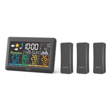 Sencor - Stacja pogodowa z kolorowym wyświetlaczem LCD, 3 czujnikami 3xAA + 6xAA, czarna