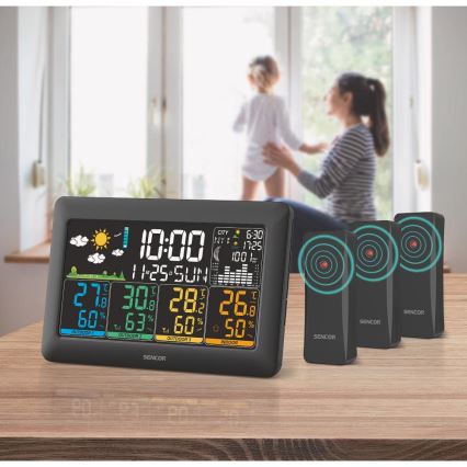 Sencor - Stacja pogodowa z kolorowym wyświetlaczem LCD, 3 czujnikami 3xAA + 6xAA, czarna