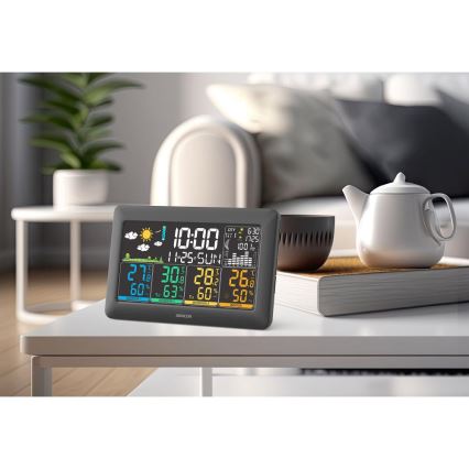 Sencor - Stacja pogodowa z kolorowym wyświetlaczem LCD, 3 czujnikami 3xAA + 6xAA, czarna