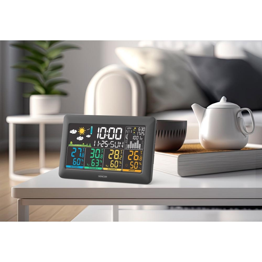 Sencor - Stacja pogodowa z kolorowym wyświetlaczem LCD, 3 czujnikami 3xAA + 6xAA, czarna