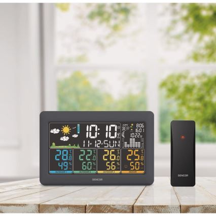 Sencor - Stacja pogodowa z kolorowym wyświetlaczem LCD, 3 czujnikami 3xAA + 6xAA, czarna