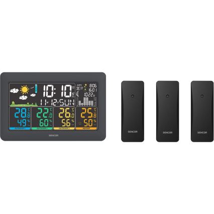 Sencor - Stacja pogodowa z kolorowym wyświetlaczem LCD, 3 czujnikami 3xAA + 6xAA, czarna