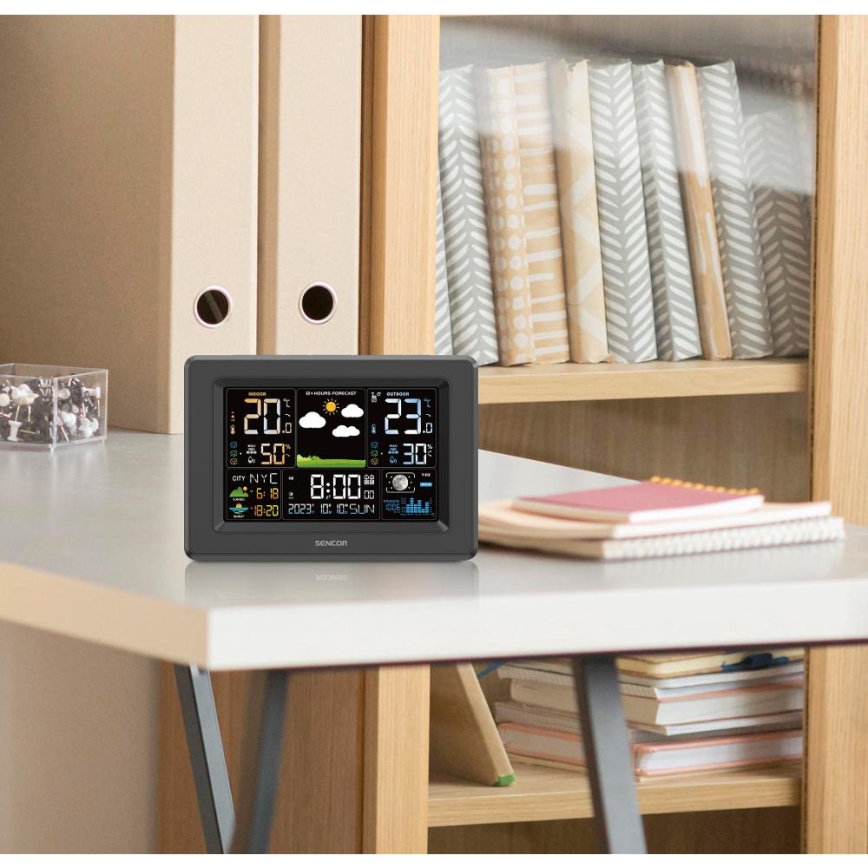 Sencor - Stacja pogodowa z kolorowym wyświetlaczem LCD, zasilanie 3xAA + 2xAA, czarna