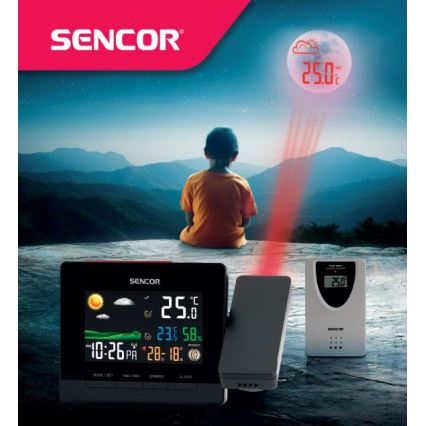 Sencor - Stacja meteorologiczna z barevným LCD displejem, budzikiem i projektorem 2xAA + 2xAAA