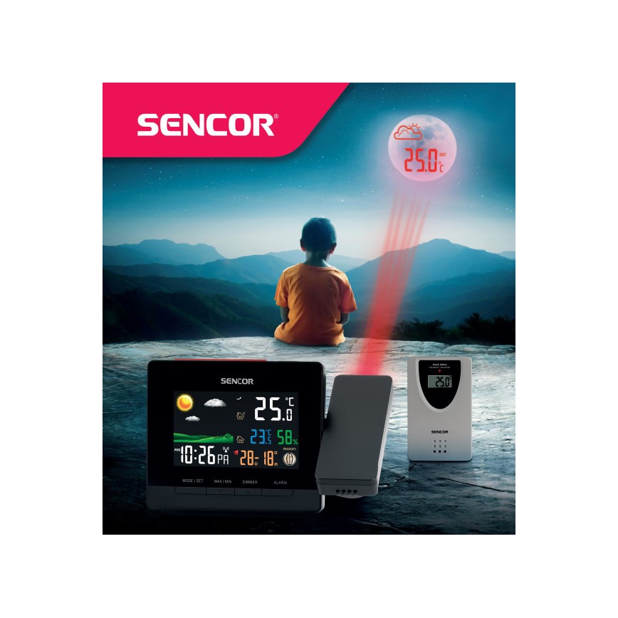 Sencor - Stacja meteorologiczna z barevným LCD displejem, budzikiem i projektorem 2xAA + 2xAAA