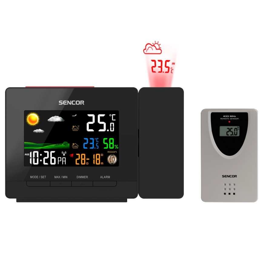 Sencor - Stacja meteorologiczna z barevným LCD displejem, budzikiem i projektorem 2xAA + 2xAAA
