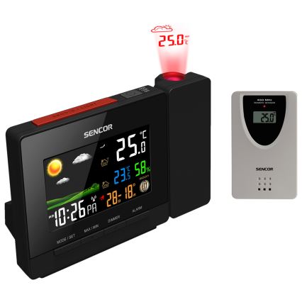Sencor - Stacja meteorologiczna z barevným LCD displejem, budzikiem i projektorem 2xAA + 2xAAA