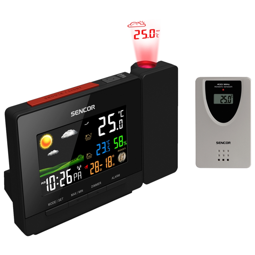 Sencor - Stacja meteorologiczna z barevným LCD displejem, budzikiem i projektorem 2xAA + 2xAAA
