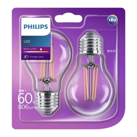 SET 2x LED Żarówka E27/6W/230V - Philips