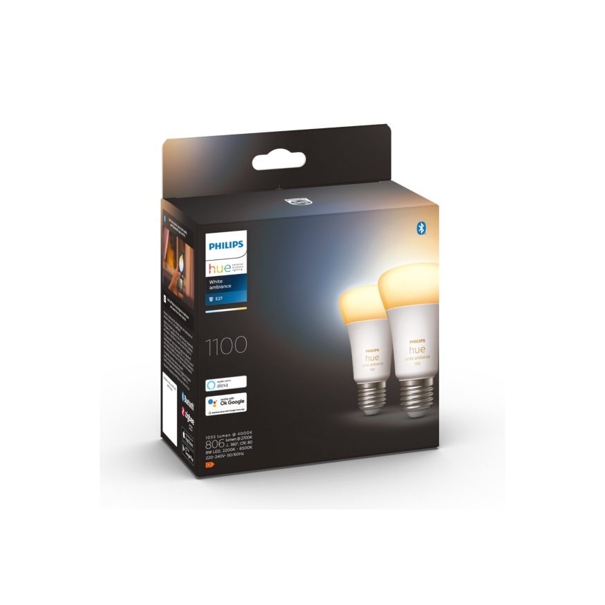 SET 2×LED Ściemniana żarówka Philips Hue WHITE AMBIANCE E27/8W/230V 2200-6500K