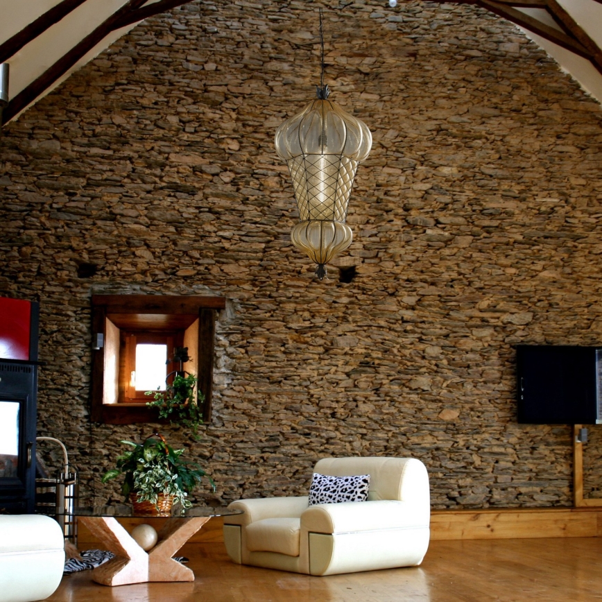 SIRU - Żyrandol na łańcuchu BABÀ 1xE27/60W/230V śr. 30 cm beżowy/brązowy szkło weneckie